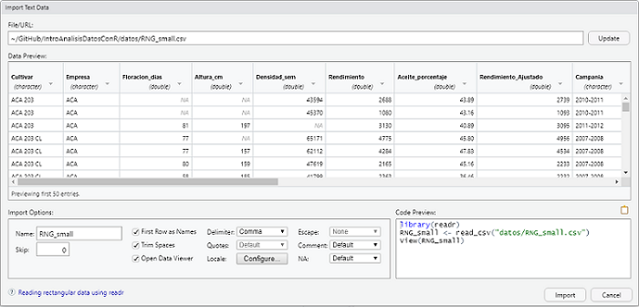 Diálogo de importar datos de RStudio.